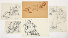 Enrico Glicenstein, (Polish/Jewish/American, 1870-1942), Group of 5 Drawings of Figures Reading, 1937-40, ink and ink wash on paper, all either