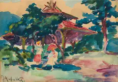 Jan Matulka, Mother with Children in the Park, undated, watercolor on paper