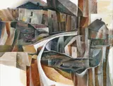 Cubist Landscape by Jill Pearson, mixed media and collage, offered Aug 2026