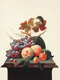 Still Life with Peaches, Grapes, and Melons, undated by Jaggu Prasad, gouache, offered Aug 2026