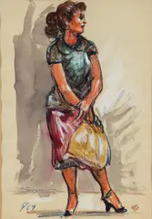 Clyde Singer, Woman Standing Holding a Shopping Bag, 1957, watercolor and mixed media on cream paper
