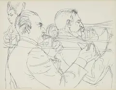 Henry Koerner, Jazz Trombonists with Singer, undated, c.1950s, lithograph print on paper