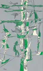 Russell Twiggs, Dance #2, mid 1950's , stencil print thinned with stub pen and glue resist stencil, 13 x 20 inches, pencil