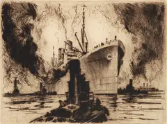 Otto Kuhler, Docking the Liner, c.1930, etching on paper