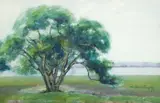 Coastal Landscape with Large Tree by possibly M. Elinor Langley, watercolor, offered Aug 2026