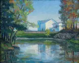 Farm Houses by Lake by Julian Laverne Lane, 1931, oil on canvas on board, offered Aug 2026