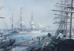 John Stobart, New York The Abner Coburn leaving The East River for San Francisco in 1886, offset, lithograph