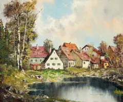 Joseph Frühmesser, Lakeside Village, oil on canvas