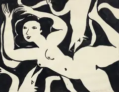 Rudy Autio, Nude with Wolves, 1981, watercolor and ink on paper