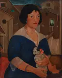 Portrait of a Woman with Dog and Child, undated, c.1930s by Laura Bodebender, oil on canvas, relined, offered Jun 2026