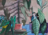 Theophilus Brown, Two Men in Conversation Among the Plants, gouache on paper