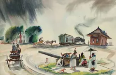 Philip Latimer Dike, American Town, with Trains Station, undated, c.1930s, watercolor