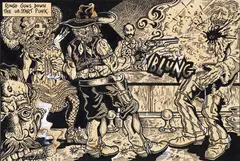 S. Clay Wilson, Ringo Guns Down the Up-Start Punk, 1972, original illustration with, ink and white-out enhancements