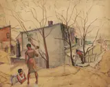 Social Realist Scene, likely set in the Hill District or another Pittsburgh neighborhood by Samuel Baer Filner, 1933, watercolor and pencil on paper, offered Jun 2026