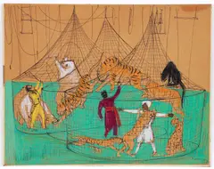 Henry Koerner, Circus II, 1949, casein, pastel and ink on tan paper, mounted to a board