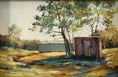 Charles Pitcher, (American/Western PA, 1927-2009), Cabin in the Woods, undated, c.1970s, oil on board