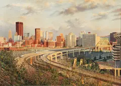 Charles Pitcher, (American/Western PA, 1927-2009), Downtown Pittsburgh Evening, 1981, oil on canvas