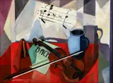Harry W. Scheuch, Cubist Still Life with Sheet Music, Bach Folder, Violin, Metronome and Vase, 1951, oil on Masonite board