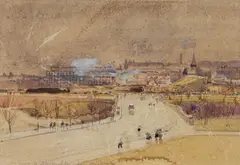 Alfred East, Construction of Forbes Field, Pittsburgh, PA, 1909, watercolor on paper