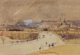 Construction of Forbes Field, Pittsburgh, PA by Alfred East, 1909, watercolor on paper, offered Jun 2026