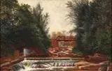 George T. Hetzel, Scalp Level Landscape with Creek and Bridge, undated, oil on canvasboard, initialed lower left