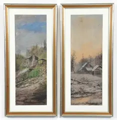 Jasper Lawman, 2 paintings: Country Houses - Spring and Winter, 1878, pastel and watercolor on paper, both
