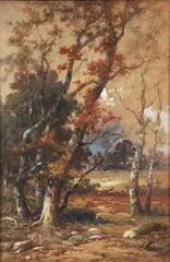 Charles Linford, Autumn Birch Trees, undated, watercolor on paper, laid down to board