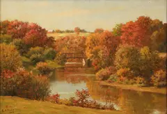 (American, 1840-1912), Autumnal Landscape with Farmhouse, Stream and Bridge by Eugene Alonzo Poole, 1912, oil on canvas, offered Jun 2026