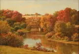 (American, 1840-1912), Autumnal Landscape with Farmhouse, Stream and Bridge by Eugene Alonzo Poole, 1912, oil on canvas, offered Jun 2026