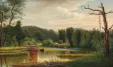 William Coventry Wall, Western Pennsylvania Landscape with Stream, Household and Fishermen, c.1860s, oil on canvas, laid down on board