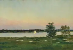 William Anderson Coffin, Twilight Landscape with Sailboat, oil on canvas