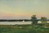 William Anderson Coffin, Twilight Landscape with Sailboat, oil on canvas