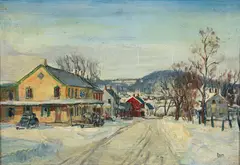 Walter Emerson Baum, Winter Street in Sellersville, undated, oil on masonite board