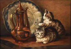 August Laux, Two Kittens Playing on a Tabletop, oil on canvas