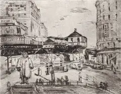 Mortimer Borne, Brooklyn Heights, Fulton St. El with Henry Ward Beecher Monument, c.1949, drypoint etching on cream paper