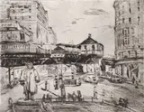 Mortimer Borne, Brooklyn Heights, Fulton St. El with Henry Ward Beecher Monument, c.1949, drypoint etching on cream paper