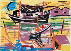 Werner Drewes, Southern Harbor, 1964, color, woodcut