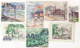 Enrico Glicenstein, (Polish/Jewish/American, 1870-1942), Group of 7 Watercolors of Gas Station in Chicago (Chicago Houses after the Snow) and Neighborhoods, 1929-