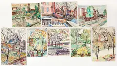 Enrico Glicenstein, (Polish/Jewish/American, 1870-1942), Group of 8 Watercolors of Sunnyside, Queens, 1938-, 1940, watercolor on paper, all