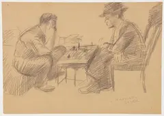 Raphael Soyer, Checkmate - 2 Men Playing Chess, undated, pencil on brown paper