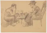 Raphael Soyer, Checkmate - 2 Men Playing Chess, undated, pencil on brown paper