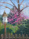 Birdhouse in the Yard, contemporary by Amy Varner, oil on board. With a copy of the artist's resume and information. In a gilt wood, offered May 2026