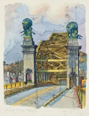 Henry Koerner, 16th Street Bridge, Pittsburgh, 1976, hand colored, lithograph, from a small run aside from the