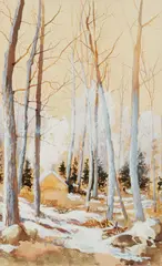 Charles Pitcher, (American, 1927-2009), Cabin Among the Trees, 1976, mixed media on paper