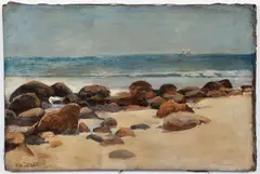 Alfred Bryan Wall, Seascape with Rocks and Boat, oil on canvas