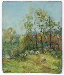 Alfred Bryan Wall, Landscape with Grazing Sheep, c.1900, oil on canvas, mounted to a board