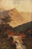 Landscape with Waterfall and Mountain Range, late 19th or by Montgomery D. Ansell, oil on canvas, offered May 2026