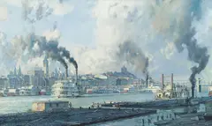John Stobart, Pittsburgh: The Monongahela Waterfront in 1900, printed in 1977, offset, lithograph