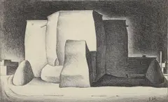 Emil Bisttram, Ranchos de Taos [Saint Francis Church], 1934, lithograph on cream paper, initialed and