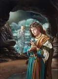 David M. Bowers, Isolde at the Sea, 2003, oil on masonite. Includes the original sketch/study for the piece, graphite on paper